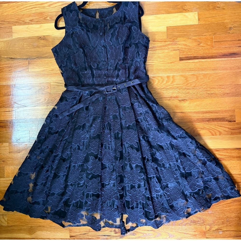 Voodoo Vixen Black Floral Lace Fit & Flare Rockabilly Dress XL Belted Sleeveless